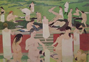 Felix Vallotton: L'Estate e le donne che fanno il bagno in piscina di mattoni all'aperto, anno 1892, olio su tela, cm. 97 x 131, Kunsthaus, Zurigo.